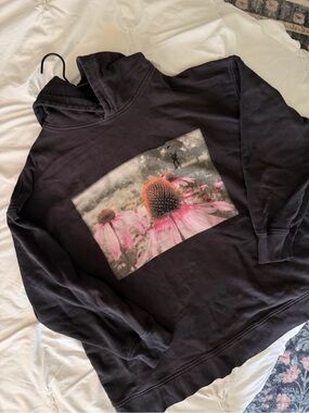 H&M Black Hoodie with Pink Floral Graphic